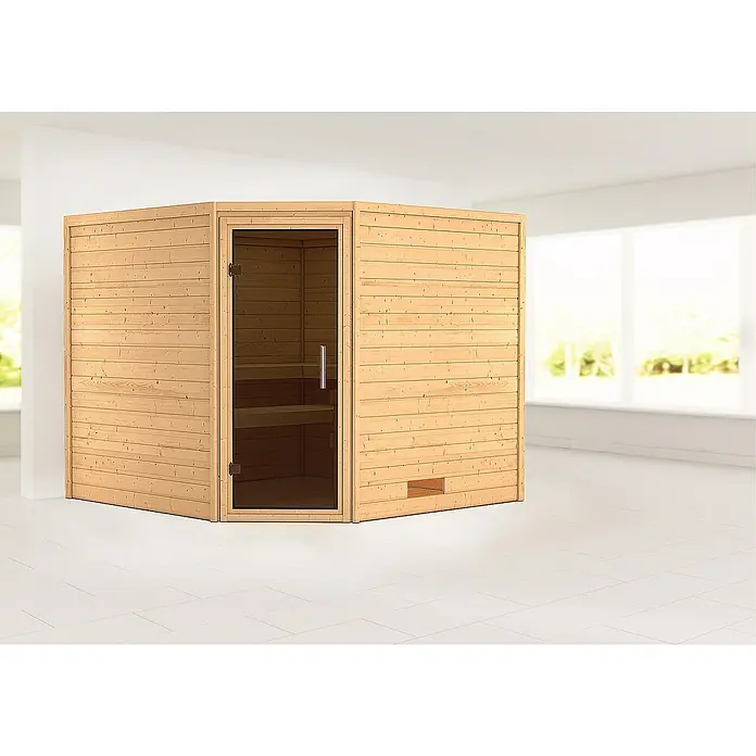 Karibu Massivholzsauna Leona - Ohne Ofen, Ohne Dachkranz, Material Tür: Ganzglas Graphit, 231 x 231 x 198 cm - Stimmungsaufnahme