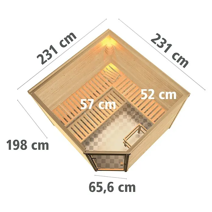 Karibu Massivholzsauna Leona - Mit 9 kW Bio-Ofen mit externer Steuerung, Ohne Dachkranz, Material Tür: Massivholz, 231 x 231 x 198 cm - Ansicht von oben