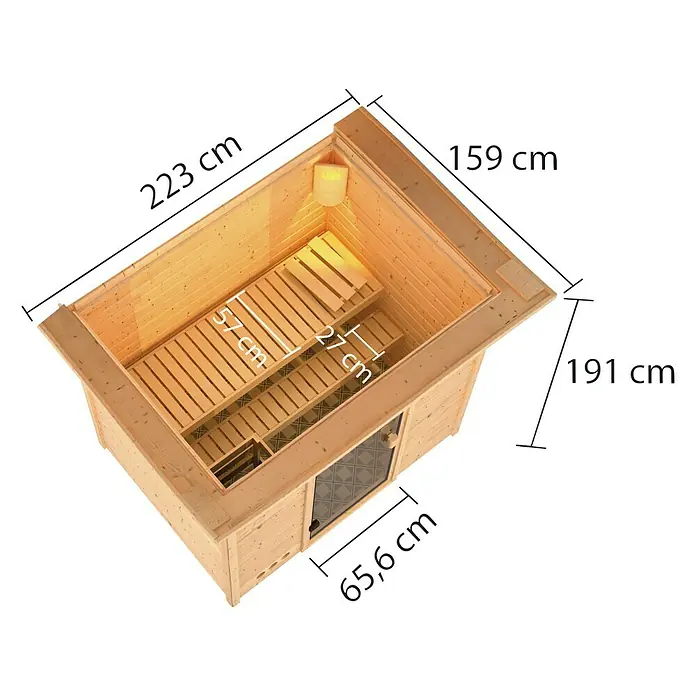 Karibu Massivholzsauna Selena - Mit 4,5 kW Saunaofen mit integrierter Steuerung, Mit Dachkranz und Beleuchtung, Material Tür: Ganzglas Bronze, 159 x 223 x 191 cm - Ansicht von oben
