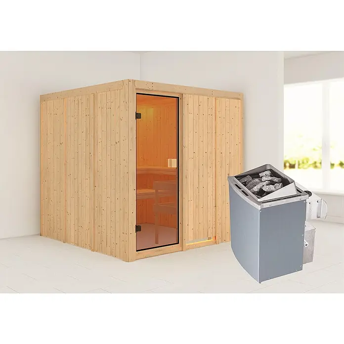 Karibu Elementsauna Oulu - Mit 9 kW Saunaofen mit integrierter Steuerung, Ohne Dachkranz, Material Tür: Ganzglas Bronze, 196 x 196 x 198 cm - Stimmungsaufnahme
