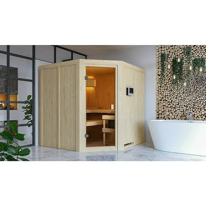 Karibu Elementsauna Kotka - Mit 9 kW Saunaofen mit externer Steuerung, Ohne Dachkranz, Material Tür: Ganzglas Bronze, 196 x 196 x 198 cm - Stimmungsaufnahme
