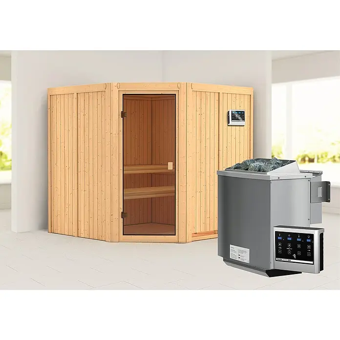 Karibu Elementsauna Kotka - Mit 9 kW Bio-Ofen mit externer Steuerung, Ohne Dachkranz, Material Tür: Ganzglas Bronze, 196 x 196 x 198 cm - Stimmungsaufnahme
