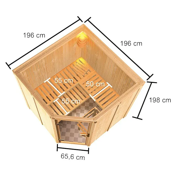 Karibu Elementsauna Kotka - Mit 9 kW Bio-Ofen mit externer Steuerung, Ohne Dachkranz, Material Tür: Ganzglas Bronze, 196 x 196 x 198 cm - Ansicht von oben