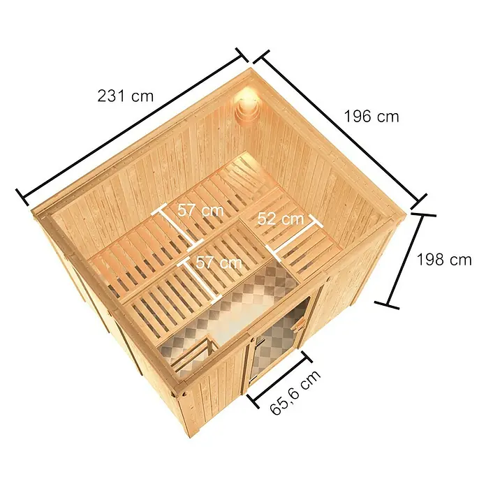 Karibu Elementsauna Horna - Mit 9 kW Bio-Ofen mit externer Steuerung, Ohne Dachkranz, Material Tür: Ganzglas Bronze, 196 x 231 x 198 cm - Ansicht von oben
