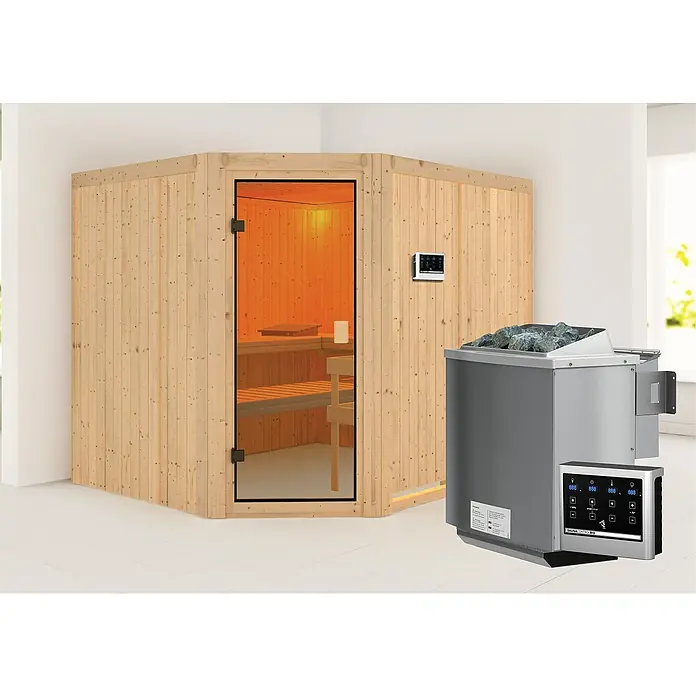 Karibu Elementsauna Horna - Mit 9 kW Bio-Ofen mit externer Steuerung, Ohne Dachkranz, Material Tür: Ganzglas Bronze, 196 x 231 x 198 cm - Stimmungsaufnahme