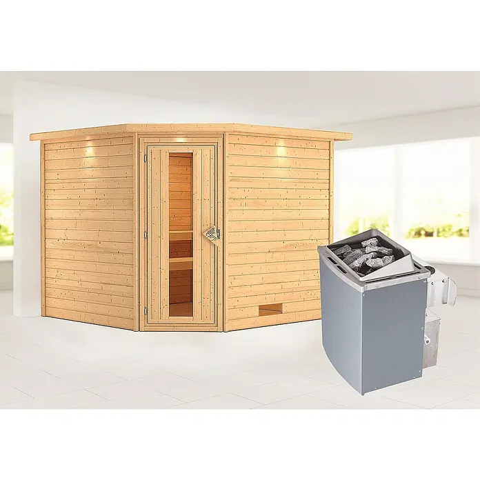 Karibu Massivholzsauna Leona - Mit 9 kW Saunaofen mit integrierter Steuerung, Mit Dachkranz und Beleuchtung, Material Tür: Massivholz, 245 x 259 x 202 cm - Stimmungsaufnahme