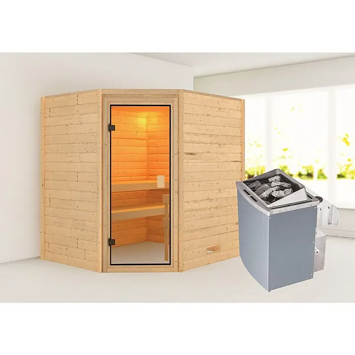 Karibu Massivholzsauna Mia - Mit 4,5 kW Saunaofen mit externer Steuerung, Ohne Dachkranz, Material Tür: Ganzglas Bronze, 170 x 196 x 198 cm - Stimmungsaufnahme