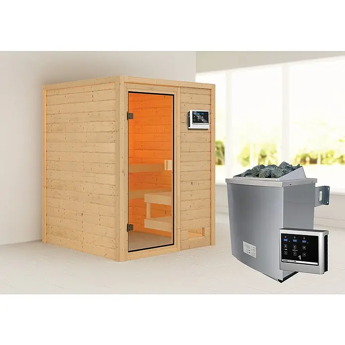 Karibu Massivholzsauna Sandra - Mit 4,5 kW Saunaofen mit externer Steuerung, Ohne Dachkranz, Material Tür: Ganzglas Bronze, 145 x 145 x 187 cm - Stimmungsaufnahme