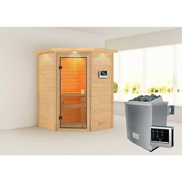 Karibu Massivholzsauna Antonia - Mit 4,5 kW Saunaofen mit externer Steuerung, Mit Dachkranz und Beleuchtung, Material Tür: Ganzglas Bronze, 159 x 173 x 191 cm - Stimmungsaufnahme