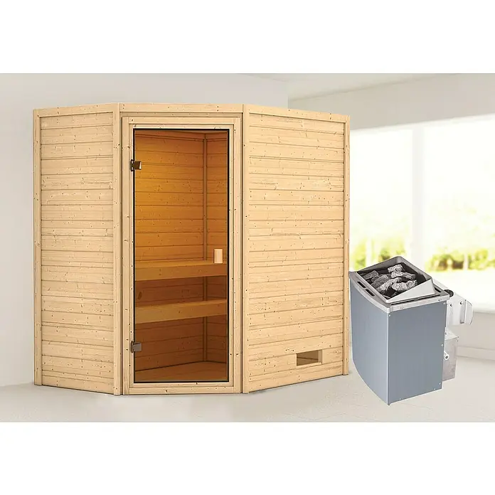 Karibu Massivholzsauna Jella - Mit 4,5 kW Saunaofen mit integrierter Steuerung, Ohne Dachkranz, Material Tür: Ganzglas Bronze, 145 x 195 x 187 cm - Stimmungsaufnahme