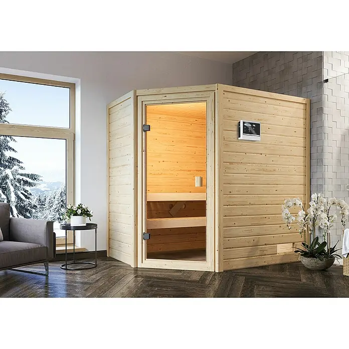 Karibu Massivholzsauna Jella - Mit 4,5 kW Saunaofen mit externer Steuerung, Ohne Dachkranz, Material Tür: Ganzglas Bronze, 145 x 195 x 187 cm - Stimmungsaufnahme