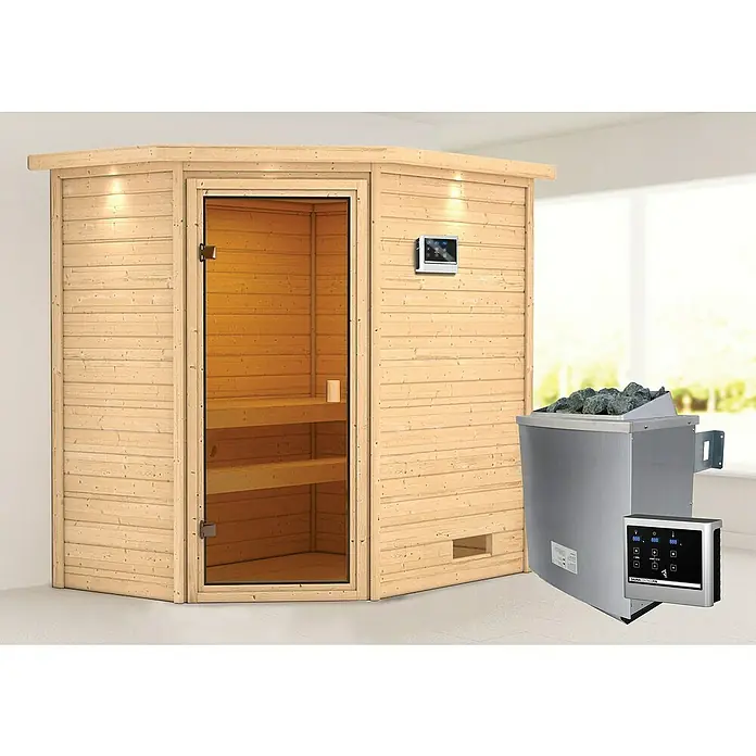 Karibu Massivholzsauna Jella - Mit 4,5 kW Saunaofen mit externer Steuerung, Mit Dachkranz und Beleuchtung, Material Tür: Ganzglas Bronze, 159 x 223 x 191 cm - Stimmungsaufnahme