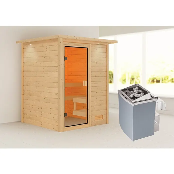 Karibu Massivholzsauna Sandra - Mit 4,5 kW Saunaofen mit integrierter Steuerung, Mit Dachkranz und Beleuchtung, Material Tür: Ganzglas Bronze, 159 x 173 x 191 cm - Stimmungsaufnahme