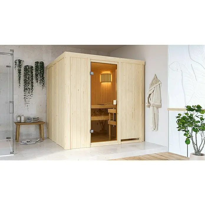 Karibu Elementsauna Tromsoe - Ohne Ofen, Ohne Dachkranz, Material Tür: Ganzglas Bronze, 178 x 196 x 198 cm - Stimmungsaufnahme