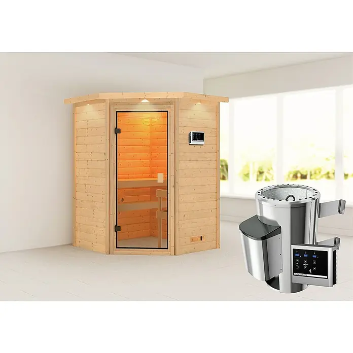 Karibu Massivholzsauna Antonia - Mit 3,6 kW Ofen mit externer Steuerung, Mit Dachkranz und Beleuchtung, Material Tür: Ganzglas Bronze, 159 x 173 x 191 cm - Stimmungsaufnahme