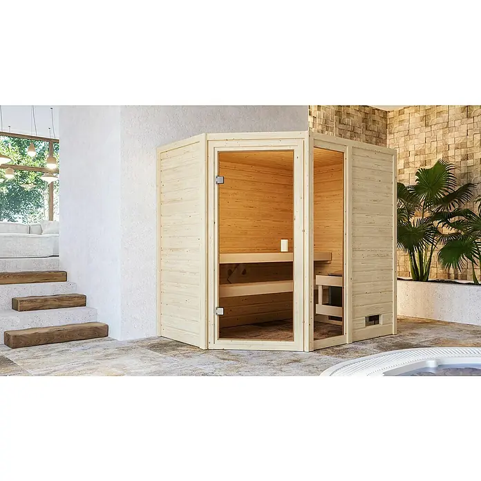 Karibu Massivholzsauna Jada - Mit 9 kW Saunaofen mit integrierter Steuerung, Ohne Dachkranz, Material Tür: Ganzglas Bronze, 146 x 196 x 187 cm - Stimmungsaufnahme