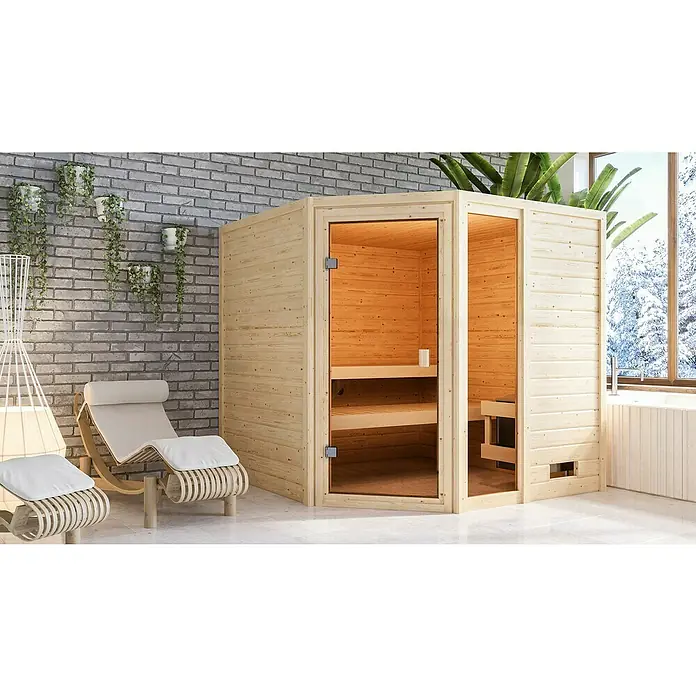 Karibu Massivholzsauna Tabea - Mit 9 kW Saunaofen mit integrierter Steuerung, Ohne Dachkranz, Material Tür: Ganzglas Bronze, 196 x 196 x 187 cm - Stimmungsaufnahme