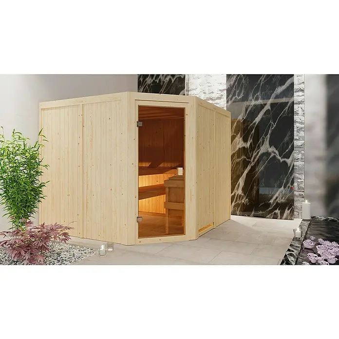 Karibu Elementsauna Ystad - Ohne Ofen, Ohne Dachkranz, Material Tür: Ganzglas Bronze, 231 x 231 x 198 cm - Stimmungsaufnahme