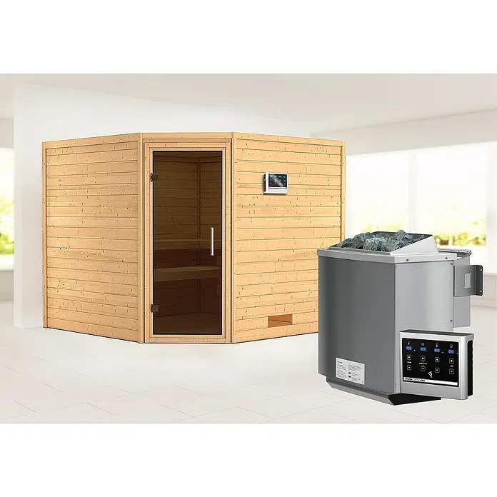 Karibu Massivholzsauna Leona - Mit 9 kW Bio-Ofen mit externer Steuerung, Ohne Dachkranz, Material Tür: Ganzglas Graphit, 231 x 231 x 198 cm - Stimmungsaufnahme