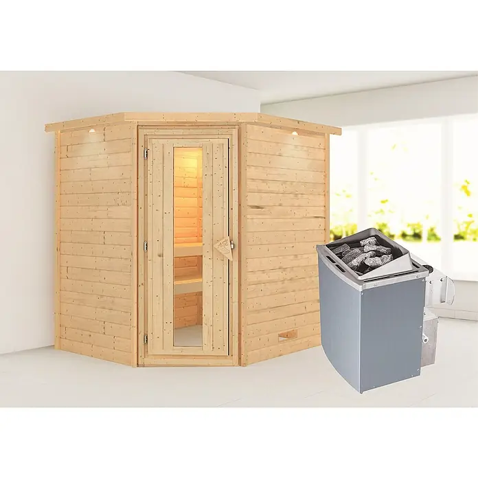 Karibu Massivholzsauna Mia - Mit 4,5 kW Saunaofen mit externer Steuerung, Mit Dachkranz und Beleuchtung, Material Tür: Massivholz, 184 x 224 x 202 cm - Stimmungsaufnahme
