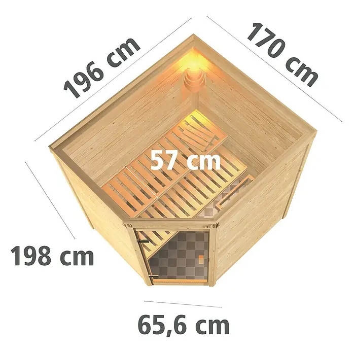 Karibu Massivholzsauna Mia - Mit 4,5 kW Saunaofen mit integrierter Steuerung, Ohne Dachkranz, Material Tür: Massivholz, 170 x 196 x 198 cm - Ansicht von oben