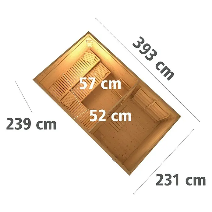 Karibu Saunahaus Suva 3 - Mit 9 kW Saunaofen mit externer Steuerung, 393 x 231 x 239 cm, Terragrau - Ansicht von oben