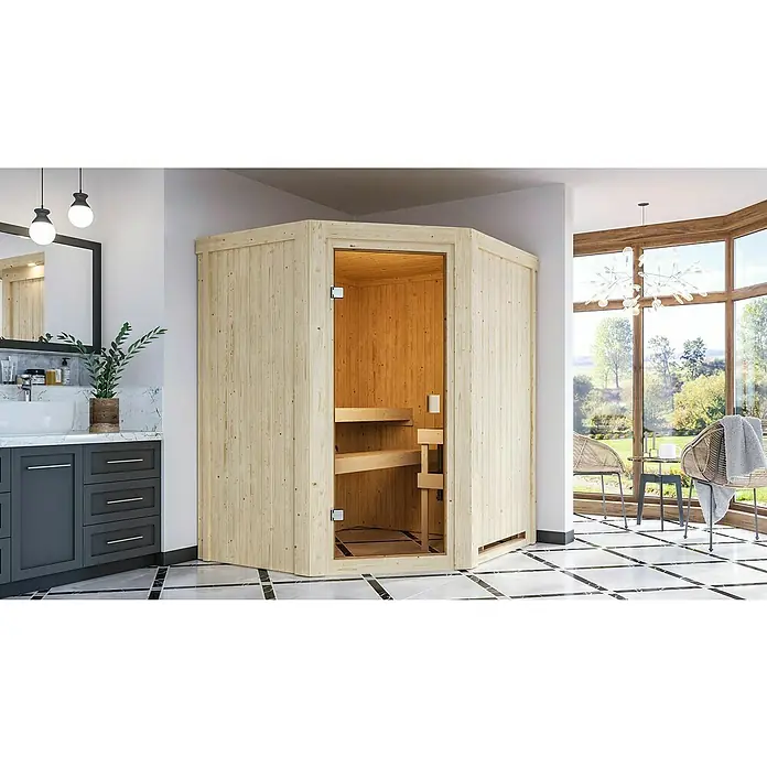 Karibu Elementsauna Faurin - Ohne Ofen, Ohne Dachkranz, Material Tür: Ganzglas Bronze, 151 x 170 x 198 cm - Stimmungsaufnahme