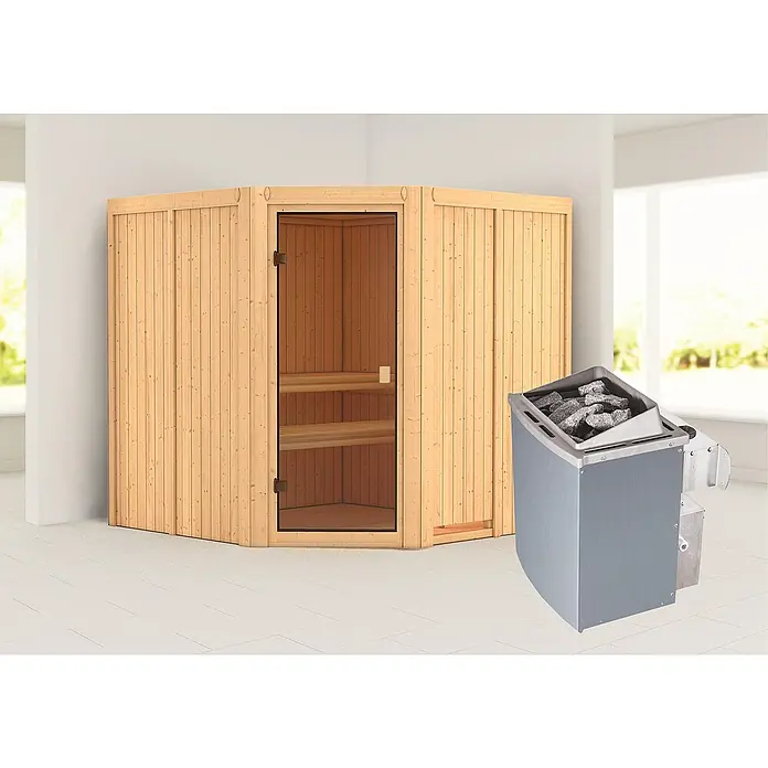 Karibu Elementsauna Kotka - Mit 9 kW Saunaofen mit integrierter Steuerung, Ohne Dachkranz, Material Tür: Ganzglas Bronze, 196 x 196 x 198 cm - Stimmungsaufnahme