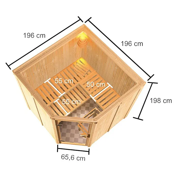Karibu Elementsauna Kotka - Mit 9 kW Saunaofen mit integrierter Steuerung, Ohne Dachkranz, Material Tür: Ganzglas Bronze, 196 x 196 x 198 cm - Ansicht von oben