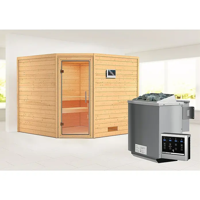 Karibu Massivholzsauna Leona - Mit 9 kW Saunaofen mit externer Steuerung, Ohne Dachkranz, Material Tür: Ganzglas Klar, 231 x 231 x 198 cm - Stimmungsaufnahme