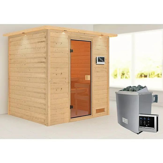 Karibu Massivholzsauna Adelina - Mit 4,5 kW Saunaofen mit externer Steuerung, Mit Dachkranz und Beleuchtung, Material Tür: Ganzglas Bronze, 183 x 223 x 191 cm - Stimmungsaufnahme