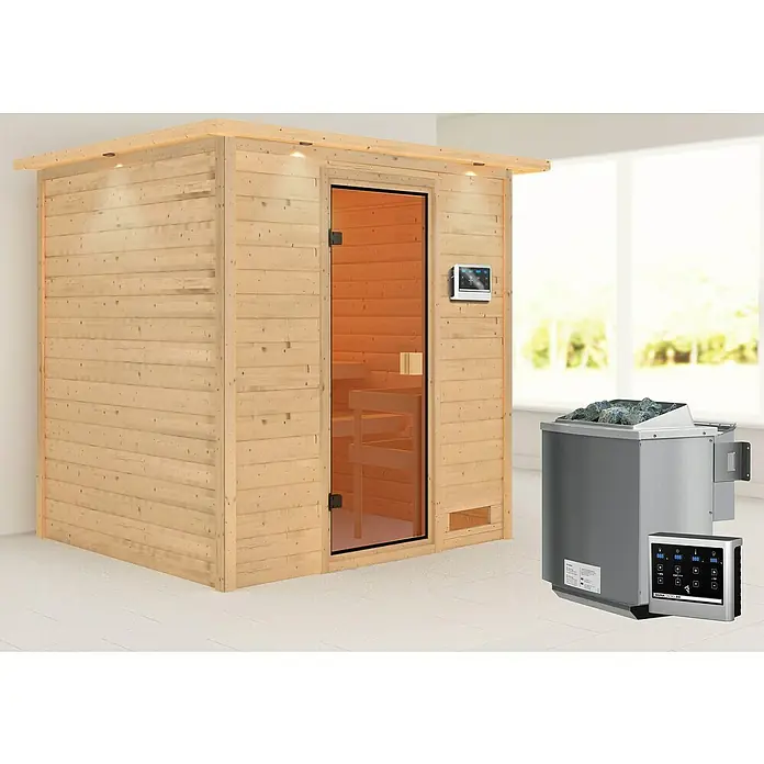 Karibu Massivholzsauna Adelina - Mit 4,5 kW Bio-Ofen mit externer Steuerung, Mit Dachkranz und Beleuchtung, Material Tür: Ganzglas Bronze, 183 x 223 x 191 cm - Stimmungsaufnahme