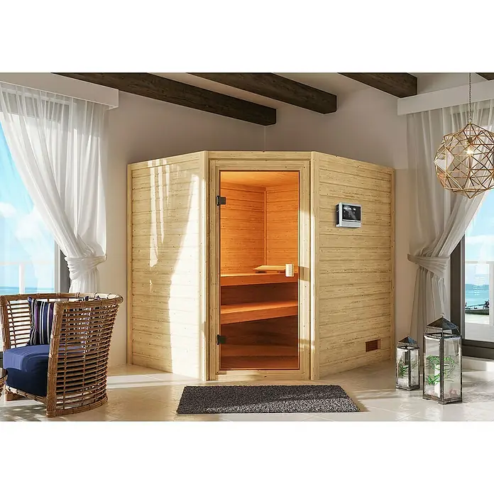 Karibu Massivholzsauna Elea - Mit 4,5 kW Saunaofen mit integrierter Steuerung, Ohne Dachkranz, Material Tür: Ganzglas Bronze, 169 x 195 x 187 cm - Stimmungsaufnahme