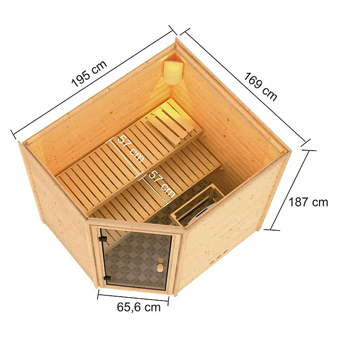 Karibu Massivholzsauna Elea - Mit 4,5 kW Saunaofen mit integrierter Steuerung, Ohne Dachkranz, Material Tür: Ganzglas Bronze, 169 x 195 x 187 cm - Ansicht von oben