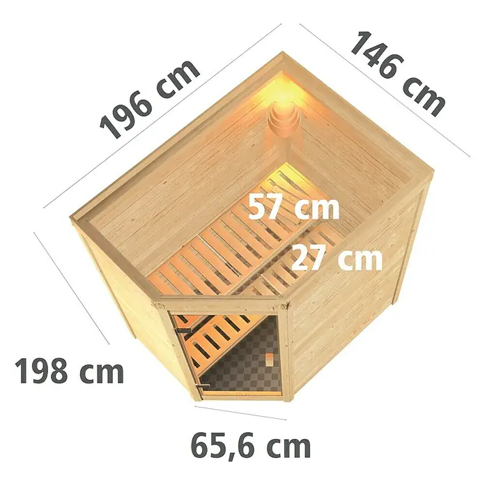 Karibu Massivholzsauna Svea - Mit 4,5 kW Bio-Ofen mit externer Steuerung, Ohne Dachkranz, Material Tür: Ganzglas Bronze, 146 x 196 x 198 cm - Ansicht von oben