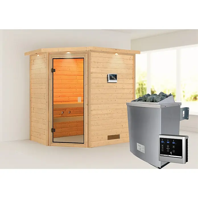 Karibu Massivholzsauna Svea - Mit 4,5 kW Bio-Ofen mit externer Steuerung, Mit Dachkranz und Beleuchtung, Material Tür: Ganzglas Bronze, 160 x 224 x 202 cm - Stimmungsaufnahme