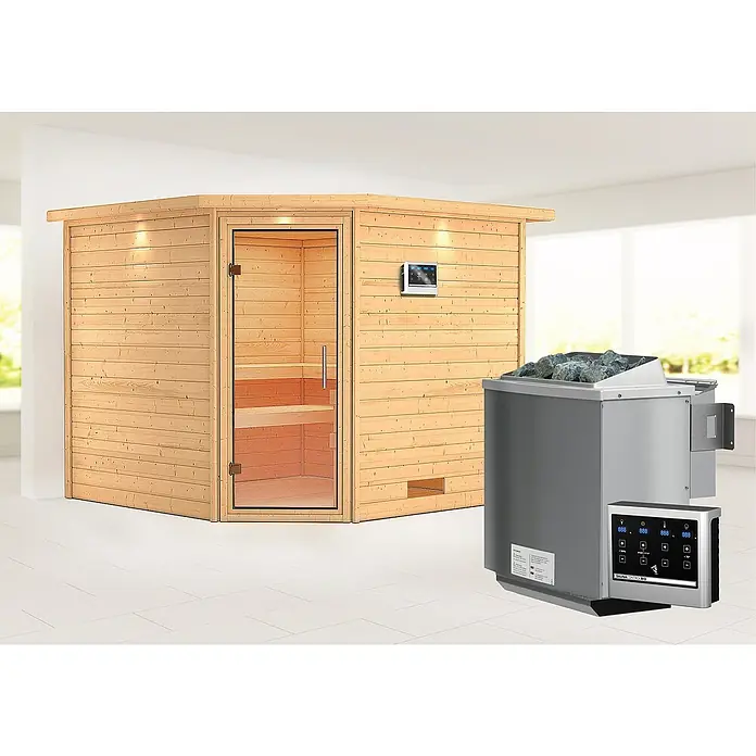 Karibu Massivholzsauna Leona - Mit 9 kW Bio-Ofen mit externer Steuerung, Mit Dachkranz und Beleuchtung, Material Tür: Ganzglas Klar, 245 x 259 x 202 cm - Stimmungsaufnahme
