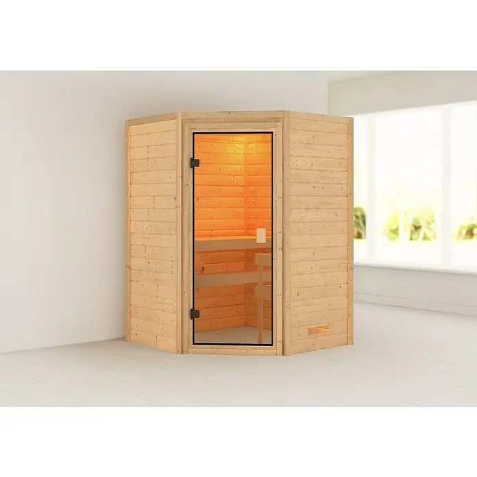 Karibu Massivholzsauna Antonia - Ohne Ofen, Ohne Dachkranz, Material Tür: Ganzglas Bronze, 145 x 145 x 187 cm - Stimmungsaufnahme