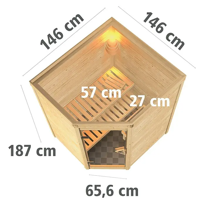 Karibu Massivholzsauna Antonia - Ohne Ofen, Ohne Dachkranz, Material Tür: Ganzglas Bronze, 145 x 145 x 187 cm - Ansicht von oben
