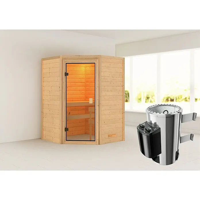 Karibu Massivholzsauna Antonia - Mit 3,6 kW Saunaofen mit integrierter Steuerung, Ohne Dachkranz, Material Tür: Ganzglas Bronze, 145 x 145 x 187 cm - Stimmungsaufnahme