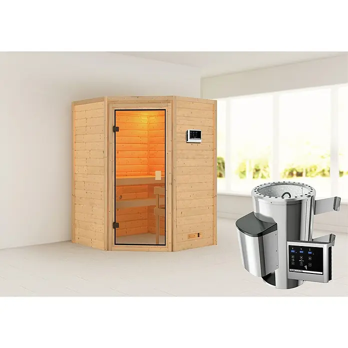 Karibu Massivholzsauna Antonia - Mit 3,6 kW Ofen mit externer Steuerung, Ohne Dachkranz, Material Tür: Ganzglas Bronze, 145 x 145 x 187 cm - Stimmungsaufnahme