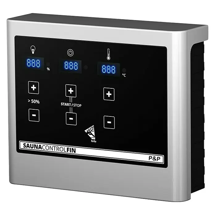 Karibu Massivholzsauna Antonia - Mit 3,6 kW Ofen mit externer Steuerung, Ohne Dachkranz, Material Tür: Ganzglas Bronze, 145 x 145 x 187 cm - Detailaufnahme