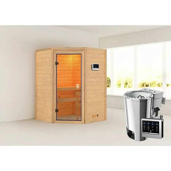 Karibu Massivholzsauna Antonia - Mit 3,6 kW Bio-Ofen mit externer Steuerung, Ohne Dachkranz, Material Tür: Ganzglas Bronze, 145 x 145 x 187 cm - Stimmungsaufnahme