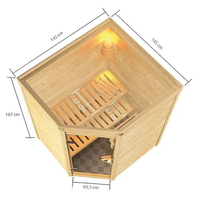 Karibu Massivholzsauna Antonia - Mit 3,6 kW Ofen mit externer Steuerung, Ohne Dachkranz, Material Tür: Ganzglas Bronze, 145 x 145 x 187 cm - Ansicht von oben