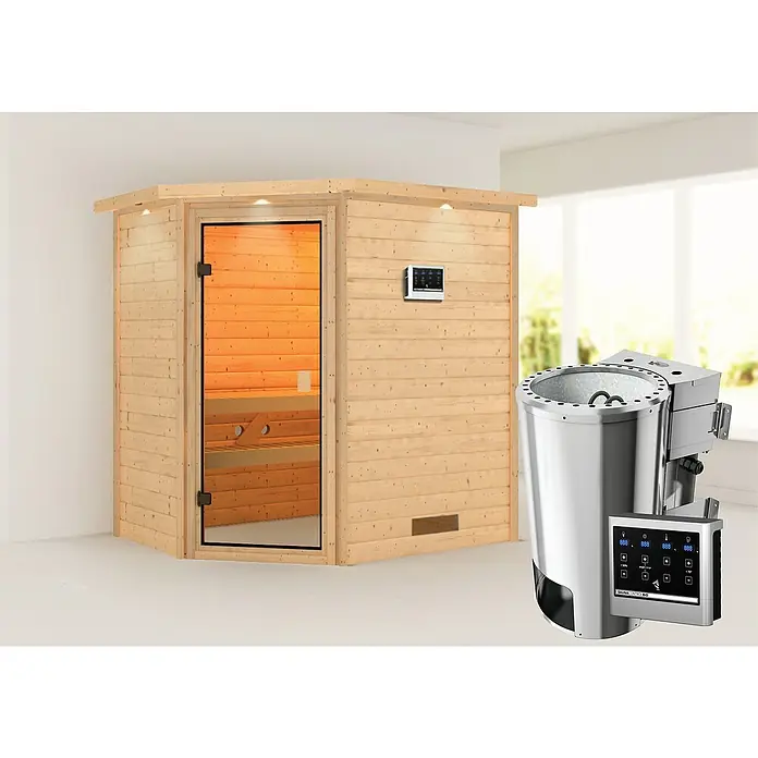 Karibu Massivholzsauna Jella - Mit 3,6 kW Bio-Ofen mit externer Steuerung, Mit Dachkranz und Beleuchtung, Material Tür: Ganzglas Bronze, 159 x 223 x 191 cm - Stimmungsaufnahme