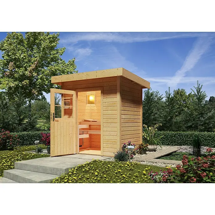 Karibu Saunahaus Jana - Mit 9 kW Saunaofen mit externer Steuerung, 146 x 196 x 228 cm, Natur - Stimmungsaufnahme