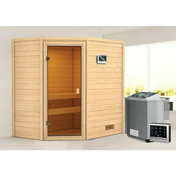 Karibu Massivholzsauna Jella - Mit 4,5 kW Bio-Ofen mit externer Steuerung, Ohne Dachkranz, Material Tür: Ganzglas Bronze, 145 x 195 x 187 cm - Stimmungsaufnahme