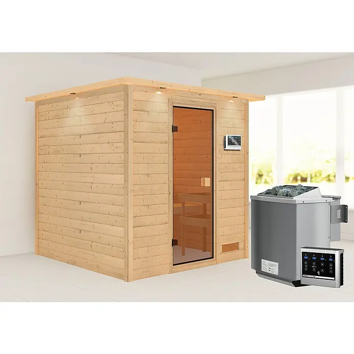 Karibu Massivholzsauna Jara - Mit 4,5 kW Bio-Ofen mit externer Steuerung, Mit Dachkranz und Beleuchtung, Material Tür: Ganzglas Bronze, 209 x 223 x 191 cm - Stimmungsaufnahme