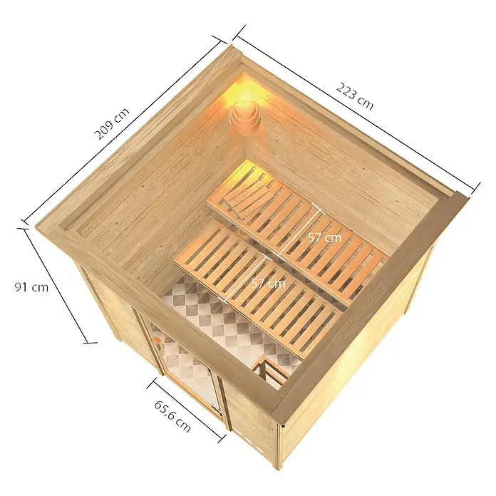 Karibu Massivholzsauna Jara - Mit 4,5 kW Bio-Ofen mit externer Steuerung, Mit Dachkranz und Beleuchtung, Material Tür: Ganzglas Bronze, 209 x 223 x 191 cm - Ansicht von oben