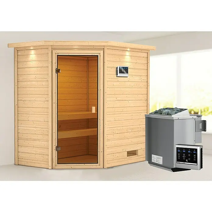 Karibu Massivholzsauna Jella - Mit 4,5 kW Bio-Ofen mit externer Steuerung, Mit Dachkranz und Beleuchtung, Material Tür: Ganzglas Bronze, 159 x 223 x 191 cm - Stimmungsaufnahme